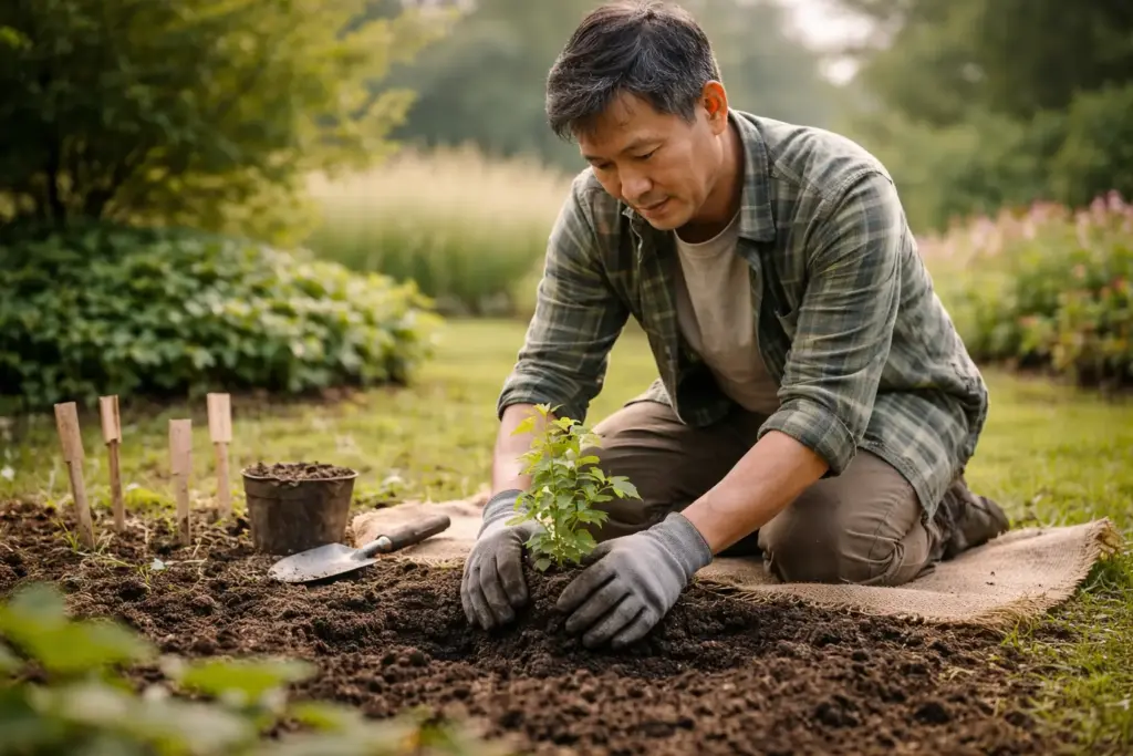 A person of East Asian descent planting a young sapling from the native plants Canada list in rich soil.