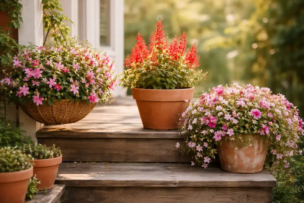 Three different potted plants that attract hummingbirds arranged on wooden steps