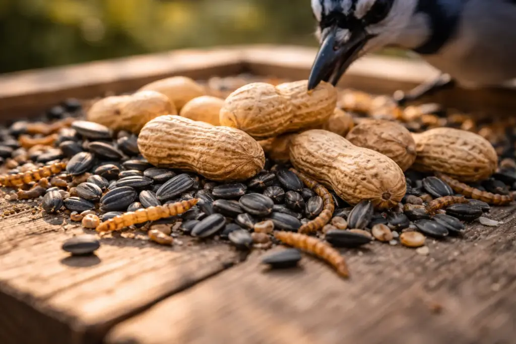 A close-up of premium ingredients representing what do blue jays eat at feeders like peanuts and sunflower seeds.