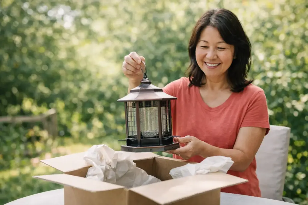 An Asian woman in a sunlit garden holding a new wild birds unlimited feeder, preparing to hang it for local cardinals